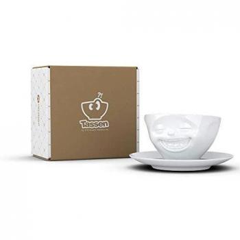 Taza de café blanca con cara sonriente y plato, 200 ml