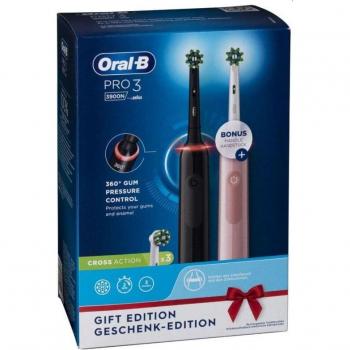 Oral-B Pro 3 3900N Pack de 2 Cepillos de Dientes Eléctricos con Mango Recargable y Cabezal de Recambio Negro/Rosa