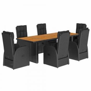 7-Piece Black Poly Rattan Garden Dining Set with Cushions