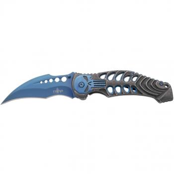 Navaja asistida Third 18030A, mango de acero acabado a la piedra con detalle de calavera bañada en titanio azul, hoja de acero 420 de 11.2 cm,
