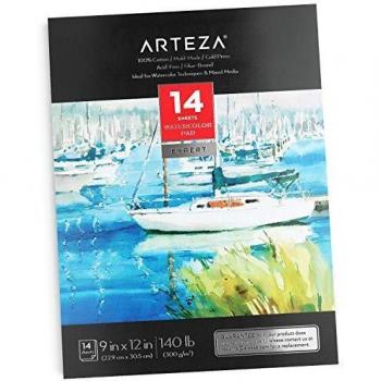 Arteza Bloc de papel acuarela, 14 hojas de 300 gramos, tamaño 22,9 x 30,5 cm, 100% algodón, prensado en frío y sin ácido, cuaderno para acuarela y técnicas mixtas