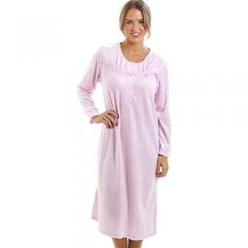 Camille - Camisón de manga larga - Suave forro polar - Rosa con lunares blancos 50/52