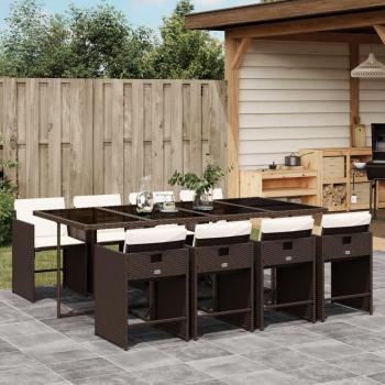 Juego de comedor de jardín 9 piezas con cojines de Polyrattan marrón