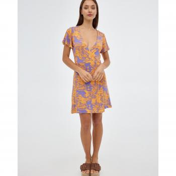 Vestido mini cruzado estampado en tonos lilas y naranja de manga corta con escote de pico