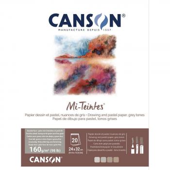Bloc encolado Canson Mi-Teintes 24x32 cm, 20 hojas, 60% algodón, 160 g/m², tonos grises