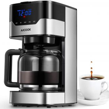 Aicook Cafetera, Cafetera de Goteo, Pantalla Táctil con Reloj, Cafetera Goteo Programable para 12 Tazas, Máquina de café Filtro Permanente, Tanque de Agua DE 51 oz/ 1.5 litros/ 12 Tazas/ 900W, Negro