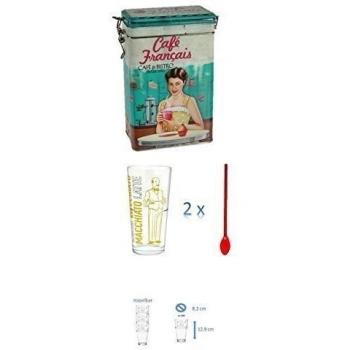 Tarros latas-Bote para café con nostalgischem Publicidad Diseño 'Cafe Francais' 1500ml + 2Latte vasos con 2cuchara Rojo