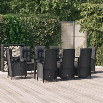 9-Piece Black Poly Rattan Garden Lounge and Dining Set with Cushions