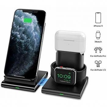 Seneo Cargador Inalámbrico Rápido - 7.5 W Cargador Doméstico 3 en 1 para iPhone 8 a iPhone 11 Pro, Soporte de Carga Inalámbrico para Apple Watch y AirPods Pro