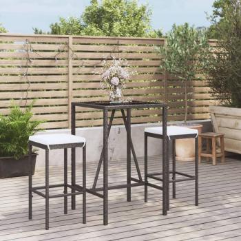 Juego de jardín 3 piezas con mesa y taburetes altos de Polyrattan negro, incluye almohadas