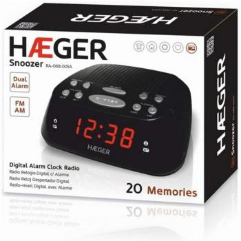 Haeger RA-06B.005B Snooze Radio Despertador Digital con Función Snoozer/Sleep, Doble Alarma, 20 Memorias de Emisoras (10 FM/10 AM), Pantalla LED Roja
