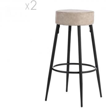 Set de 2 taburetes de microfibra beige y negro con estructura metálica