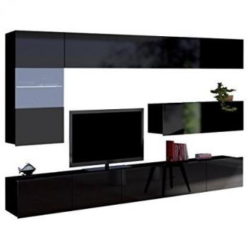 Conjunto de salón moderno Providence B108, Negro y Brillante, Aglomerado Laminado, con Mesa de TV y Equipamiento Adicional, 255x43cm