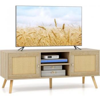 Mesa de TV Boho para televisores de hasta 55 pulgadas, mueble multimedia de ratán con 2 puertas y estantes abiertos, 5 patas de madera