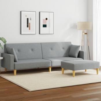 Sofá cama de 2 plazas con reposapiés y taburete en tela gris claro