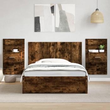 Cabecero cama con mesitas de madera de ingeniería en roble ahumado, 120 cm, color marrón