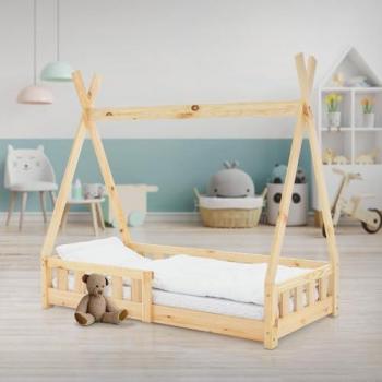 Cama Infantil Tipi 70x140 cm con Protección Anticaída y Somier de Madera de Pino Natural - Estructura en Forma de Casa para Juegos