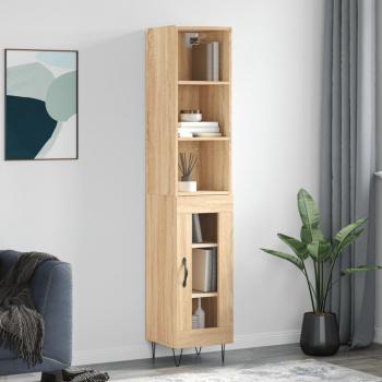 Aparador alto de madera contrachapada roble Sonoma 34,5x34x180 cm con 1 puerta de cristal, mueble de almacenaje para salón, buffet y armario auxiliar