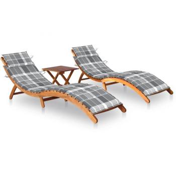 Tumbonas 2 unidades con mesa y cojines madera maciza de acacia