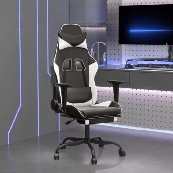 Silla Gaming Exclusiva con Reposapiés de Cuero Sintético Negro y Blanco