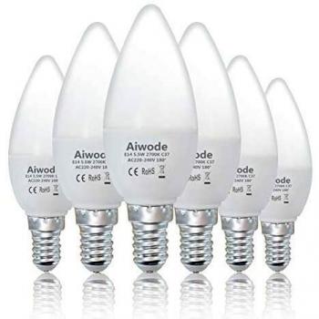 Aiwode Bombilla LED E14 Forma Vela,5.5W Equivalente a 40W,Blanco Cálido 2700K,470LM, RA80 180°Ángulo de haz,Paquete de 6.