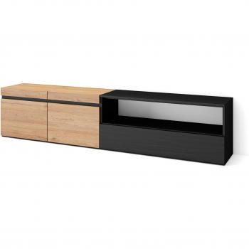 Mueble TV moderno con almacenamiento, 200x45x35cm, para televisores hasta 80, roble y negro - Skraut Home