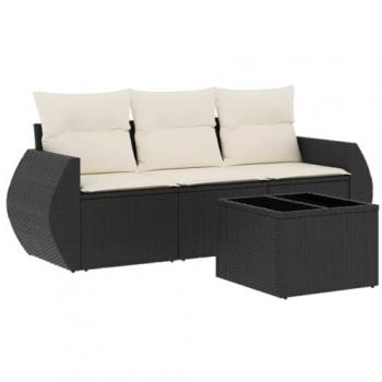 4-Piece Black Poly Rattan Garden Sofa Set with Cushions