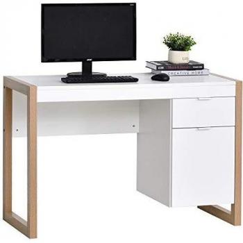 HOMCOM Mesa de Escritorio Mesa de Ordenador Espaciosa con Cajón Armario Patas de Forma Rectangular Estilo Moderno Decoración Adicional 112,5x50x75,5 cm Blanco