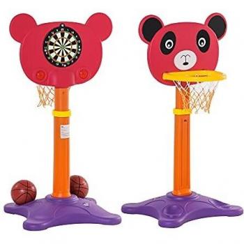 HOMCOM Canasta de Baloncesto Infantil 2 en 1 con Diana Altura Ajustable Panel en Forma de Osito Incluye 2 Pelotas y 6 Dardos Apto para Niños de +3 Años 60x46x100-160 cm Multicolor