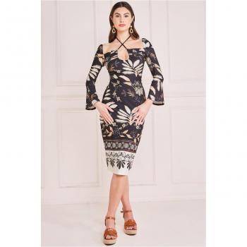 Goddiva Printed Tie Back Midi Dress - Black