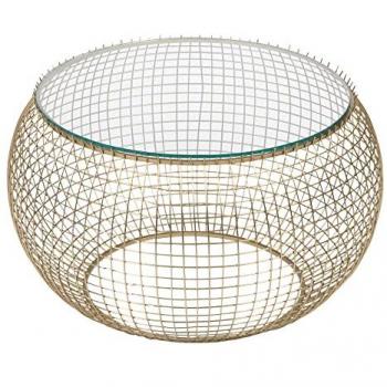 Mesa de Centro Redonda de Rejilla de Cristal y Metal Dorada 74 x 44 cm