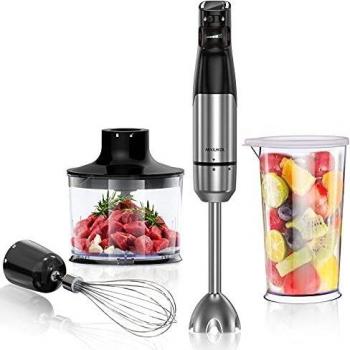 NIXIUKOL Batidora de Mano, Batidora de Varilla 1000 W 4 en 1, con Vaso Medidor, Picadora, Batidor Emulsionador, Cuchilla de Acero Inoxidable, Libre BPA, para Batidos, Sopas, Salsas, Comida para Bebés