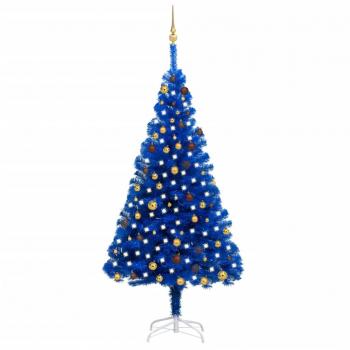 Árbol de Navidad artificial preiluminado con LEDs y bolas PVC azul 210 cm