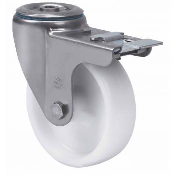 Rueda Giratoria Alex Serie ZVI Inox-UT con Agujero Pasante y Freno, Eje Liso, Poliamida Blanca, Diámetro 80 mm