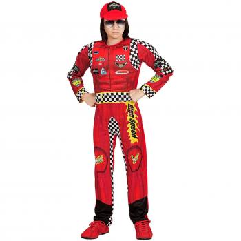 Disfraz de Piloto de Fórmula 1 Rojo a Cuadros con Gorro para Niño - 116 cm