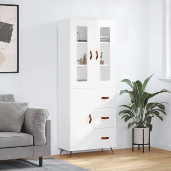 Aparador alto de madera contrachapada blanco brillo 69,5x34x180 cm con 1 puerta y 3 cajones, mueble de almacenaje para salón, buffet y armario auxiliar