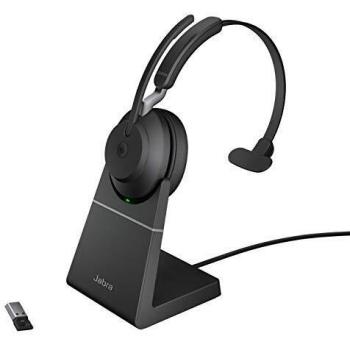 Jabra Evolve2 65 Wireless PC Headset with Charging Stand – Noise Cancelling Microsoft Teams Certified Mono Headphones With Long-Lasting Battery – USB-A Bluetooth Adapter – Black