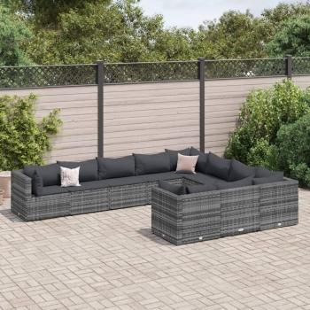 10-Piece Grey Poly Rattan Garden Sofa Set with Cushions