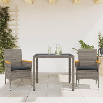 Set de Comedor de Jardín 3 Piezas con Cojines en Polyrattan y Vidrio Gris