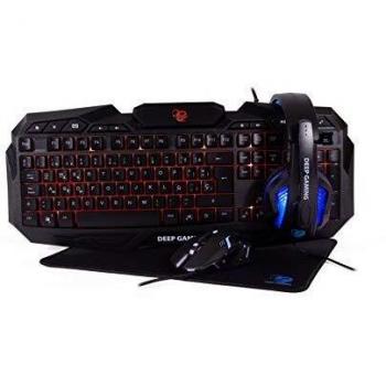 Deep Gaming X-Wing Setup Gaming 4 en 1: Teclado Membrana QWERTY con Ñ retroiluminado, ratón óptico LED 2400 dpi, Auriculares Gamer con micrófono, Alfombrilla Antideslizante. PC/Xbox One/PS4