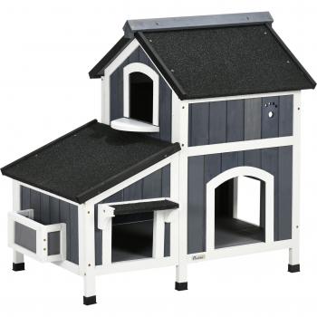 PawHut Caseta de Madera de Exterior para Gatos, Casa para Gatos Refugio de 2 Niveles, Dimensiones 96x65x85,5 cm, Color Gris, con Techo Asfált