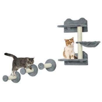 PawHut Juego de Estanterías para Gatos de 4 Piezas Rascador de Pared con 3 Postes de Sisal, Hamaca y 1 Plataforma para Saltar de 3 Niveles en Color