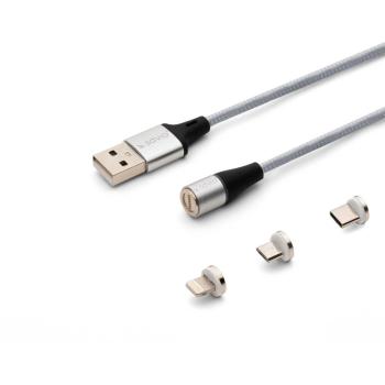 Cable USB Savio CL-156 2m USB 2.0 Tipo C, Micro USB y Lightning Plata Magnético con Quick Charge 3A
