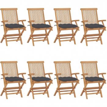 Sillas de jardín 8 piezas de madera maciza de teca con almohadas gris antracita
