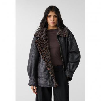 Leopard Print Faux Fur Lined Jacket - Black Size S