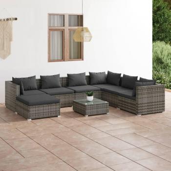8-Piece Grey Poly Rattan Garden Lounge Set with Cushions