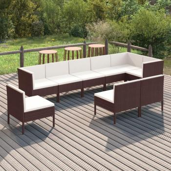 9-Piece Brown Poly Rattan Garden Lounge Set with Cushions
