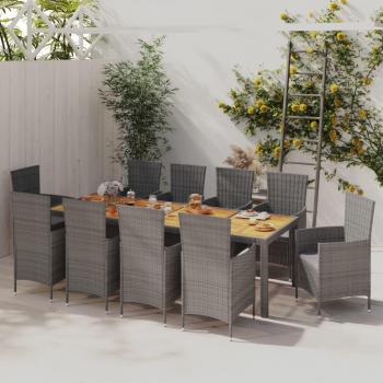 Set de comedor de jardín 11 piezas con cojines de polyrattan gris