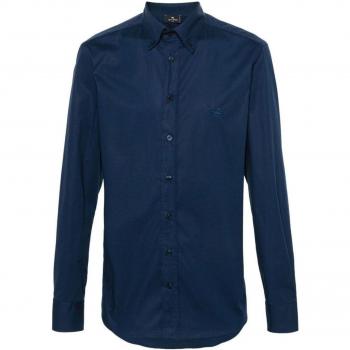 Etro Men's Logo Cotton Shirt in Blue, Size 40, MRIB0004AV202B0711, Formal Shirts, male, Blue, Size: L