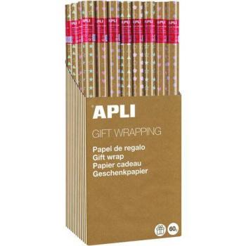 Papel de Regalo Kraft Apli, 55 Rollos de 2x0,70 m con Diseño Aleatorio en Marrón-Dorado